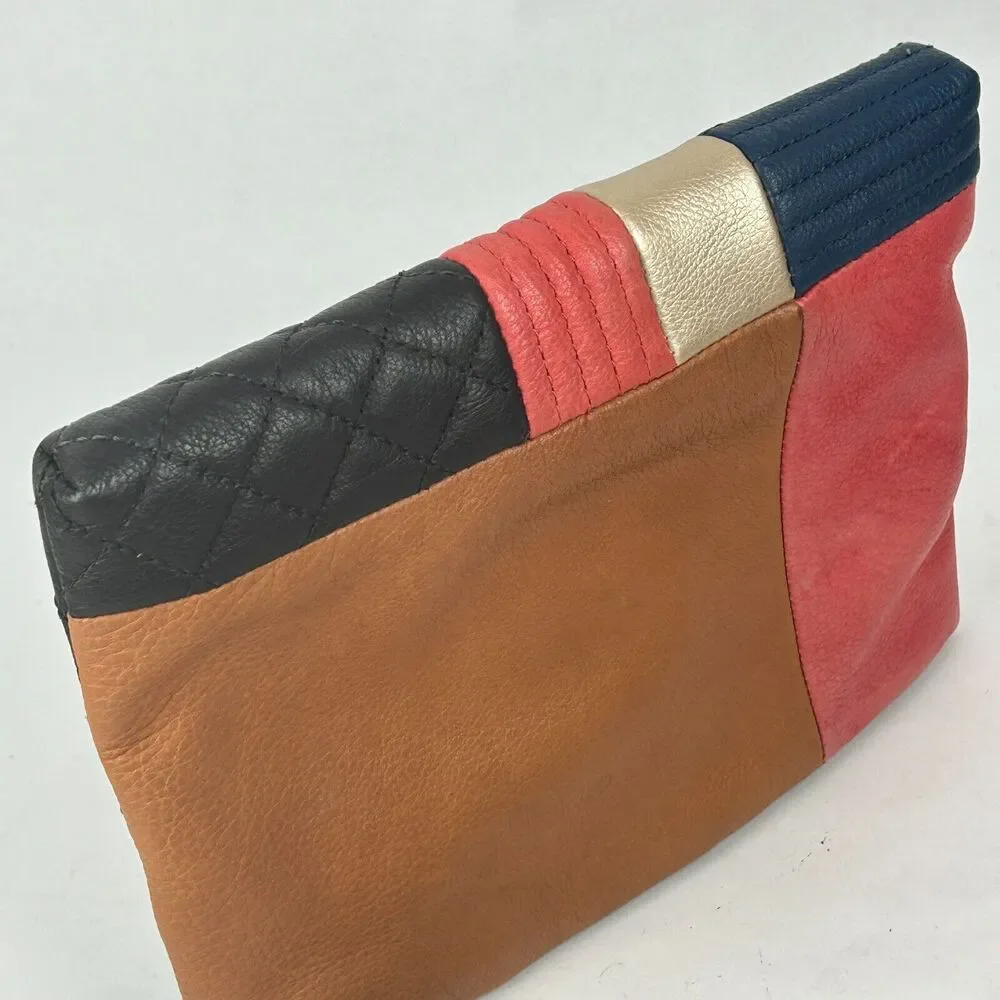 Margot New York Leather Black Pink Tan Colorblock Clutch Bag Purse Large Tassel